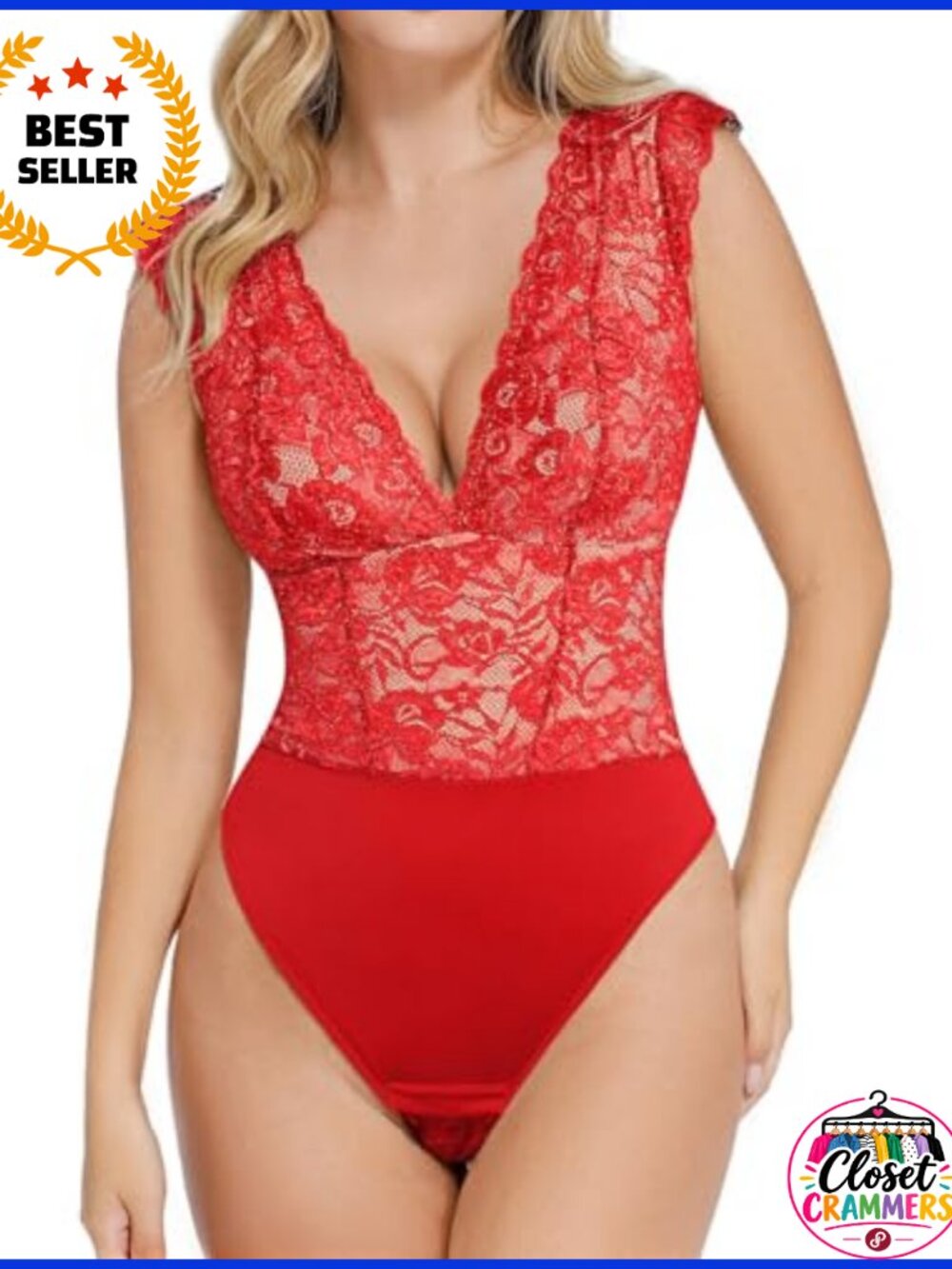 Lace Bodysuit Tummy Control Shapewear Deep V Plunge Thong Bodysuit